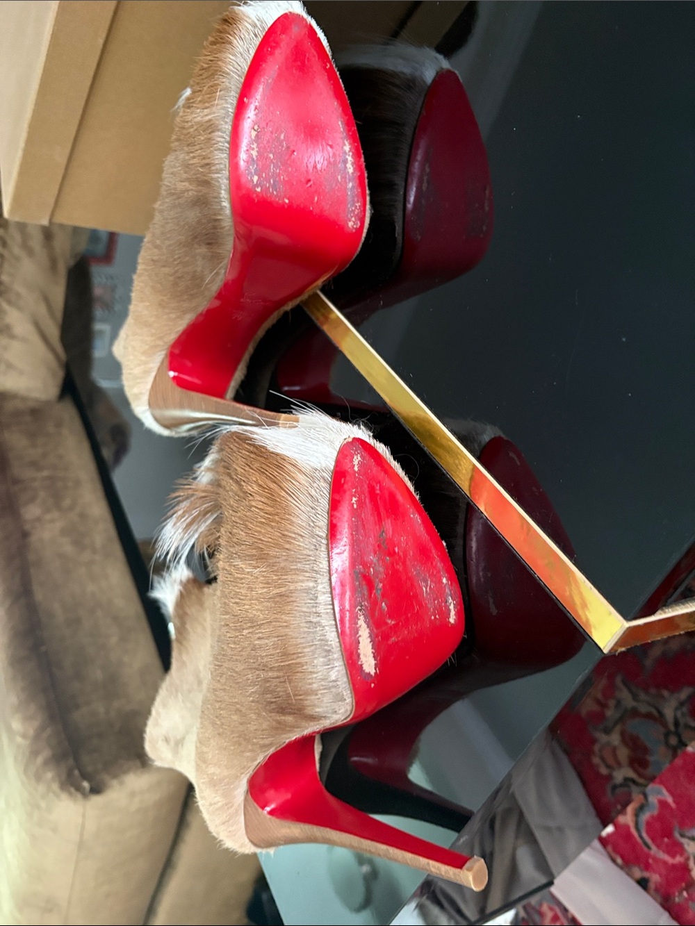 Christian Louboutin Brown and White Goat Fur-Heel Ankle Boots - Picture 6 of 7